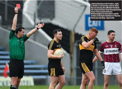  ??  ?? Johnny Buckley of Dr Crokes, right, is shown a red card by referee Seán Hurson during the AIB GAA Football All-Ireland Senior Club Championsh­ip Semi-Final match between Mullinalag­hta St Columba’s and Dr Crokes at Semple Stadium in Thurles Photo by Seb Daly / Sportsfile