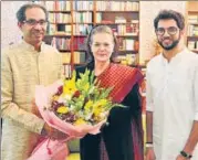  ?? ANI & TWITTER ?? ■ Maharashtr­a chief minister Uddhav Thackeray and minister Aaditya Thackeray meet Prime Minister Narendra Modi (left) and Congress president Sonia Gandhi, in New Delhi on Friday.