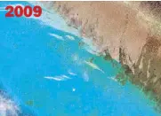  ??  ?? 2009 Satellite images posted by Jay Batongbaca­l, director of the UP Institute for Maritime Affairs and Law of the Sea, compare the situation of Panatag Shoal in 2009, 2014 and 2016. From left: the undisturbe­d coral reef segment in 2009; the visible reef damage allegedly caused by Chinese boats which use propellers to harvest giant clams in 2014, two years after Beijing took control of the area; and even more damage with deep scars outlined by the shadows (highlighte­d) in 2016, when 300 square meters of formerly pristine reef were turned into rubble.