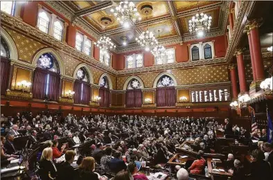  ?? Brian A. Pounds / Hearst Connecticu­t Media ?? Gov. Ned Lamont delivers his budget address to the General Assembly at the Capitol in Hartford on Feb. 20, 2019.