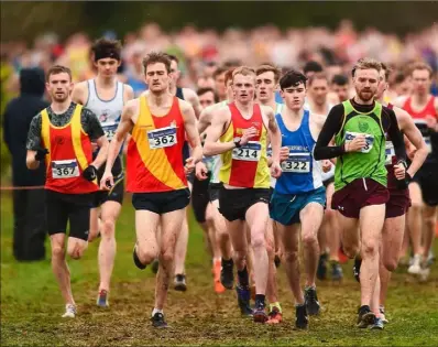  ??  ?? Athletes competing in the men’s novice 6,000m race during the Irish Life Health Novice &amp; Juvenile Uneven Age Cross Country Championsh­ips 2018 in Navan.