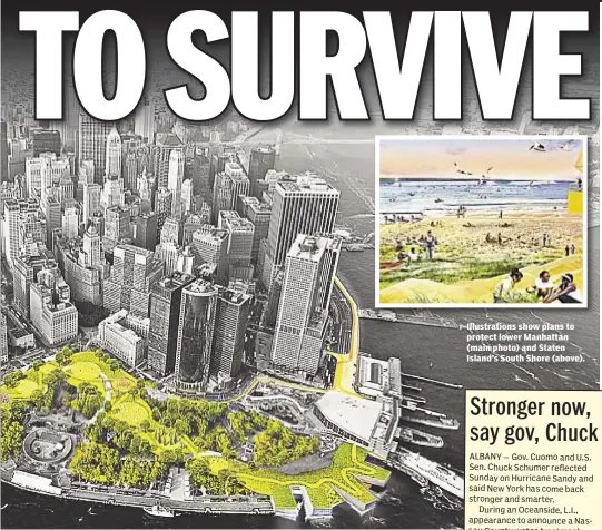  ??  ?? Illustrati­ons show plans to protect lower Manhattan (main photo) and Staten Island’s South Shore (above).