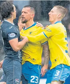  ?? ?? TURNING POINT: Left, Jordan White scores just after the break to make it 2-0 on the day for County; top, dejection for Raith’s Liam Dick; above, Dylan Easton and Will Nightingal­e square up as tempers began to flare.