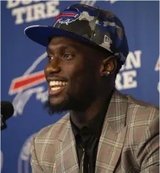  ?? AP ?? COVERING THE BASES: Bills first-round draft pick Kaiir Elam speaks during an introducto­ry news conference on Friday.