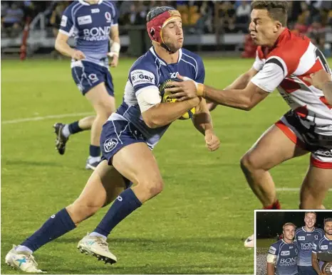  ??  ?? TOUGH ROAD: Toowoomba’s Hamish Stewart in action for Queensland Country in the National Rugby Championsh­ips grand final against Canberra Vikings at the weekend. INSET: Stewart with teammates Angus Blyth, Tai Ford, Alec Mafi, Gav Luka hold up the...