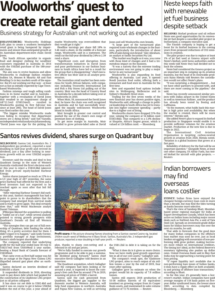  ??  ?? Profit soars: A file picture showing flames shooting from a Santos-owned Casino rig, located 250km south-west of Melbourne in Bass Strait. Santos, Australia’s No. 2 independen­t gas producer, reported a near doubling in half-year profit. — Reuters