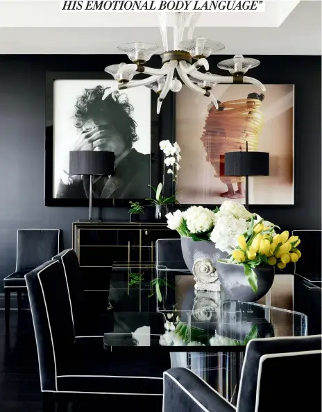  ??  ?? The black dining area gives the open-concept space a quiet drama that’s revved up by impactful art. Vintage chandelier and buffet, Stanley Wagman Antiques; art (left) by Jerry Schatzberg, Rukaj Gallery.
H&H SEPTEMBER 2021 63