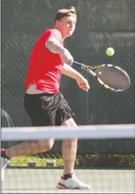  ?? DAVID WITTE/NEWS SENTINEL ?? Lodi's Brady Pike gets a backhand on a shot from Tokay's Shreya Patel on Thursday at Twin Arbors Athletic Club.