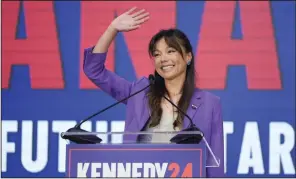  ?? (AP/Eric Risberg) ?? Nicole Shanahan waves from the podium during a campaign event for Presidenti­al candidate Robert F. Kennedy Jr. in Oakland, Calif., on Tuesday.