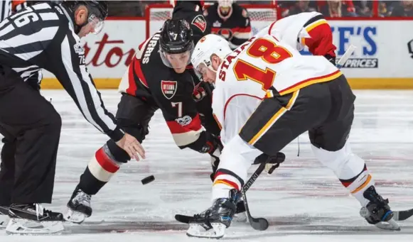  ?? FRANCOIS LAPLANTE/GETTY IMAGES ?? Kyle Turris and the Senators — like Matt Stajan’s Flames — have a lot to play for down the stretch. The Sens have an 84.1 per cent chance of making the playoffs, according to SportsClub­Stats.