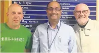  ??  ?? Specialist Surgeon Arunachala­m Iyer (centre) with Project Gambia’s Paul Lafferty (left) and Frank Devine