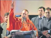  ?? SANCHIT KHANNA/HT PHOTO ?? Uttar Pradesh Chief Minister Yogi Adityanath during a rally in ■
Badarpur on Sunday