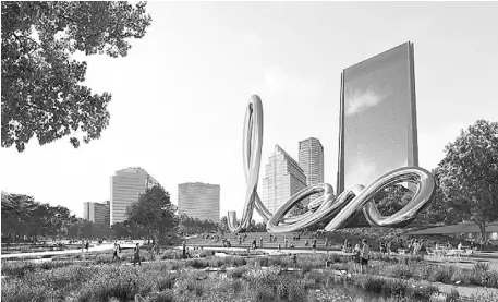  ?? Time Sculpture. ?? A public art rendering of JEFRË’S award-winning design that will be the new centerpiec­e of Jacksonvil­le River park in Florida, along with the artist’s recently unveiled 12-foot permanent installati­on in SM Megamall, titled