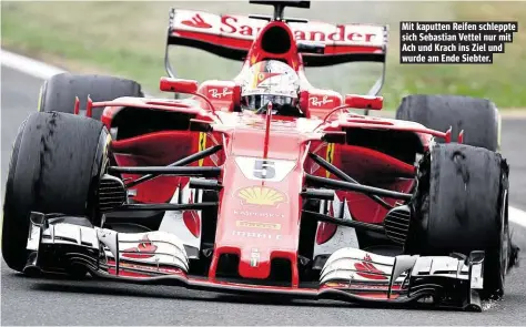  ??  ?? Mit kaputten Reifen schleppte sich Sebastian Vettel nur mit Ach und Krach ins Ziel und wurde am Ende Siebter.