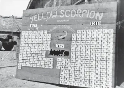  ??  ?? The Yellow Scorpions show their kills along with their tally on trains and kills on the ground. They had one of the most impressive records in the dogfights fought in China. The squadron flew over 2,000,000 miles, which encompasse­d over 3,600 sorties. (Photo courtesy Ray W. Smith)