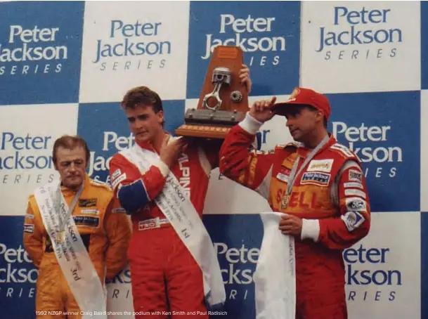  ??  ?? 1992 NZGP winner Craig Baird shares the podium with Ken Smith and Paul Radisich