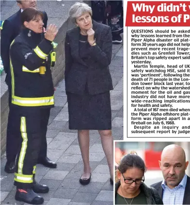  ??  ?? Aftermath: Fire chief Dany Cotton with Theresa May. Inset: Andreia and Marcio Gomes