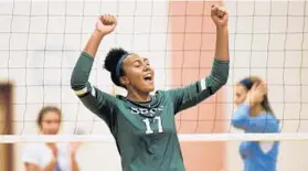  ?? STEVE RUARK/BALTIMORE SUN MEDIA GROUP ?? St. Paul’s Jala Tucker celebrates after the No. 9 Gators scored a point against No. 14 Mount de Sales. Tucker finished with 19 kills, 10 digs and five aces.