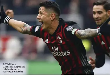 ??  ?? AC Milan’s Gianluca Lapadula celebrates after scoring yesterday