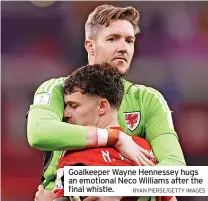  ?? RYAN PIERSE/GETTY IMAGES ?? Goalkeeper Wayne Hennessey hugs an emotional Neco Williams after the final whistle.