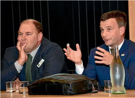  ??  ?? Feds President Andrew Hoggard, left, with ACT’s David Seymour. ‘‘People who care about the environmen­t should actually be saying ‘let’s farm in New Zealand as much as possible’,’’ Seymour said.