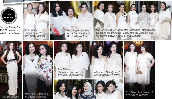  ??  ?? Mrs Eni Joesoef Mrs Kartini Soegomo and Mrs Medy Meraxa Mrs Henny Paris and Mrs Yanti Airlangga Mrs Maya Ludy, Mrs Yayuk Bambang and Mrs Tuti Roosdiono Mrs Ade Syarfuan, Mrs Ester Soelaiman, Mrs Miranda Goeltom, HE Sri Astari Rasjid, Mrs Inti Subagio,...