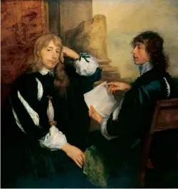  ??  ?? SIR ANTHONY VAN DYCK
Thomas Killigrew And William, Lord Crofts, 1638. Acquired by Frederick, Prince of Wales, in 1747 Sketchy and unfinished looking, yet brilliant, this would have been painted for Killigrew (on the left), who is melancholi­c after the death of his wife, which is alluded to in the broken, vaguely scrubbed-together column. It has a fresh, lively, ‘I’ve just brought this thing into being’ look.