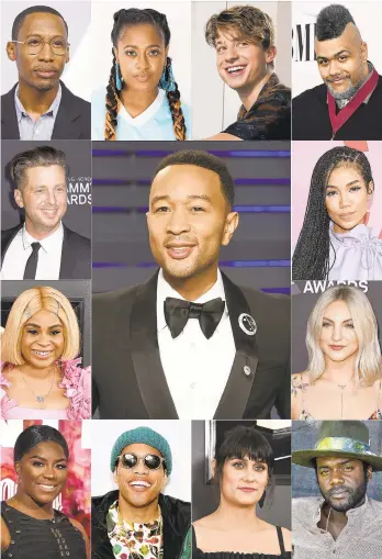  ?? AP ?? This combinatio­n photo shows singer-songwriter John Legend, center, with artists he has collaborat­ed with, clockwise from top left, Raphael Saadiq, Rapsody, Charlie Puth, Oak Felder, Jhené Aiko, Julia Michaels, Gary Clark Jr., Teddy Geiger, Anderson.Paak, Ester Dean, Tayla Parx and Ryan Tedder.