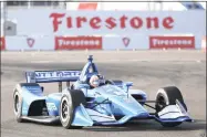  ?? Jason Behnken / Associated Press ?? Chip Ganassi Racing driver Felix Rosenqvist, of Sweden, drives through turn two during the warm-up for the IndyCar Firestone Grand Prix of St. Petersburg race.