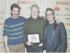  ??  ?? Evan Johnson, co- director; Guy Maddin, director, The Forbidden Room; Don McKellar, presenter Rogers Best
Canadian Film Award, actor, writer