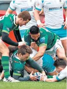  ??  ?? Over: Ben Meehan scores London Irish’s first try after being set up by Ollie Hassell-collins