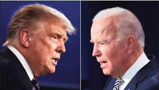  ?? Jim Watson/ AFP via Getty Images ?? In this file combinatio­n of photos President Donald Trump and Democratic Presidenti­al candidate former Vice President Joe Biden square off during the first presidenti­al debate in Ohio.