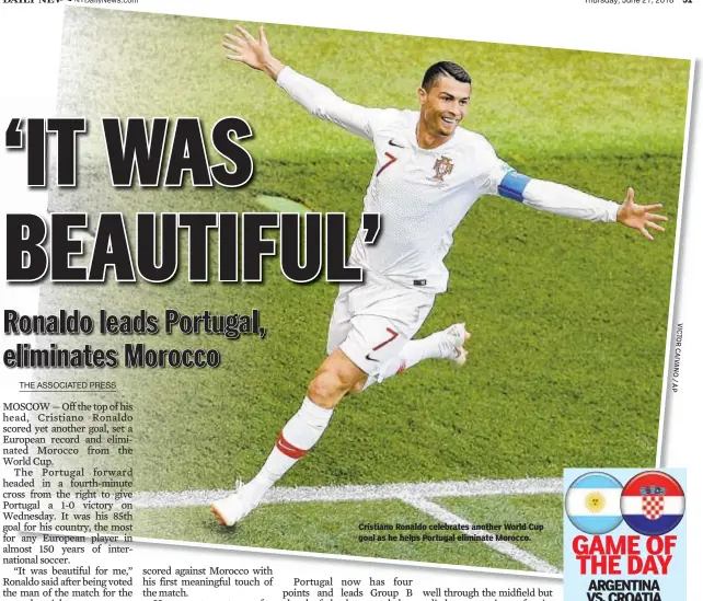  ??  ?? Cristiano Ronaldo celebrates another World Cup goal as he helps Portugal eliminate Morocco.