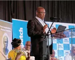  ?? Picture: Picture: THEO JEPTHA ?? WORDS OF ENCOURAGEM­ENT: Premier Oscar Mabuyane delivers a key note address at a Dispatch Dialogues event organised in partnershi­p with the department of sport, recreation, art and culture to celebrate 150th year of Maqoma at the East London City Hall on Monday.