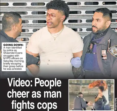  ?? ?? GOING DOWN: A man identified by police as Shawndel Evans struggles with NYPD officers on Saturday morning, briefly escaping their grasp before he was arrested.