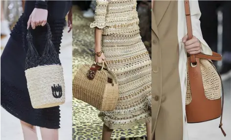  ??  ?? Arriba, desde la izda.: pasarela de Miu Miu; detalles de la colección de Dolce & Gabbana; bolso tejido de Loewe; abajo, desde la izda.: bolso de Givenchy; bolso de Ermanno Scervino; bolso de Isabel Marant.