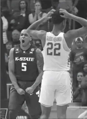  ?? The Associated Press ?? WILDCAT SHOCKER: Kansas State guard Barry Brown, Jr., celebrates during the second half of the team’s 61-58 victory over Shai Gilgeous-Alexander and Kentucky Thursday in the NCAA Tournament South Regional semifinals in Atlanta.