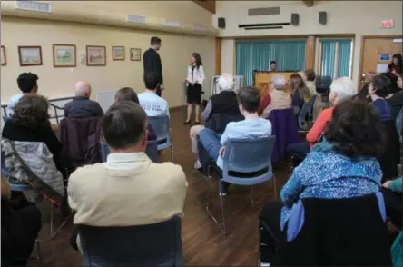  ?? LAUREN HALLIGAN PHOTOS ?? Nate Mattingly and Paulina Villarreal of Opera Saratoga’s Young Artists program perform on Friday morning at the Saratoga Senior Center as part of the group’s Saratoga Sings! for Seniors tour.