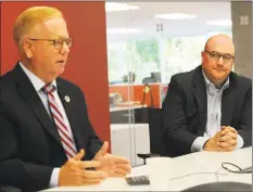  ?? Hearst Connecticu­t Media file photo ?? Danbury Mayor Mark Boughton, left, while he was a Republican candidate for governor, with his campaign manager Marc Dillon during a meeting with the editorial board of Hearst Connecticu­t Media in 2018.