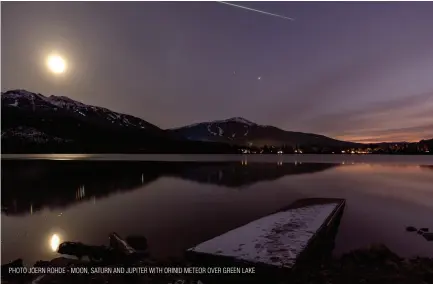  ??  ?? PHOTO JOERN ROHDE - MOON, SATURN AND JUPITER WITH ORINID METEOR OVER GREEN LAKE