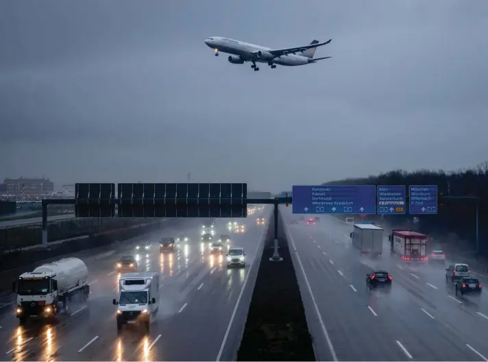  ??  ?? An aircraft of Lufthansa flies over the highway as it approaches the airport in Frankfurt, Germany, yesterday. To avoid the outspread of the Coronaviru­s Germany has imposed various travel restrictio­ns. Photo: AP