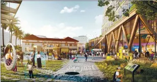  ?? GOOGLE LLC ?? The Gateway Plaza section of Googleõs Downtown West transit village in downtown San Jose, showing public and open spaces near the historic San Jose Water Co. building along West Santa Clara Street, in an artist’s rendering.