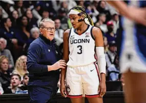  ?? Jessica Hill/Associated Press ?? UConn coach Geno Auriemma talks with Aaliyah Edwards (3) during the second half of the Big East championsh­ip game against Villanova.