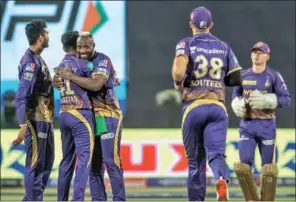  ?? ?? Kolkata Knight Riders’ Andre Russell (C) celebrates one of his three wickets against Sunrisers Hyderabad at the Maharashtr­a Cricket Associatio­n Stadium in Pune on Saturday.