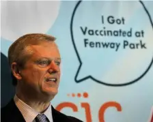  ?? POOL ?? PATIENCE, PLEASE: Gov. Charlie Baker urged patience when trying to get a vaccine appointmen­t at a press conference on Wednesday.