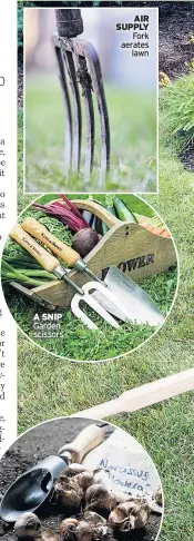  ??  ?? A SNIP Garden scissors AIR SUPPLY Fork aerates lawn