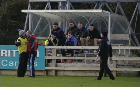  ??  ?? Wicklow selector Leighton Glynn and Louth manager Wayne Kierans exchange views during the O’Byrne Cup clash in Bray.