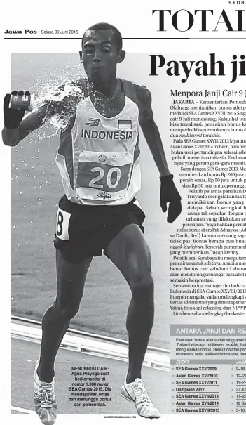  ?? ANGGER BONDAN/JAWA POS ?? MENUNGGU CAIR: Agus Prayogo saat
berkompeti­si di nomor 1.000 meter SEA Games 2015. Dia mendapatka­n emas dan menunggu bonus
dari pemerintah.
multievent­mult
nggak kepikiran.kep
S P O R TA I N M E N T
ngasih