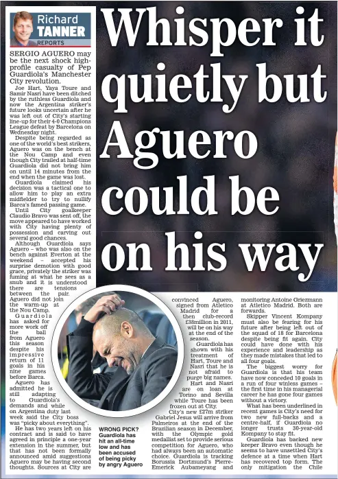  ??  ?? WRONG PICK? Guardiola has hit an all-time low and has been accused of being picky by angry Aguero