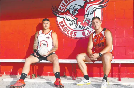  ?? Picture: TERTIUS PICKARD ?? Former Gold Coast Titans Jamie Dowling (red top) and Shane Gray (white top) have settled in at the Currumbin Eagles.